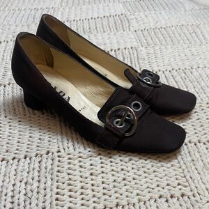 Vintage PRADA Y2K Linen Sculptured Heel Giant Grommet Buckle Size 35 Square Toe